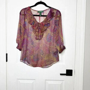 LAUREN RALPH LAUREN Petite‎ Small Burgundy Paisley Blouse Victorian